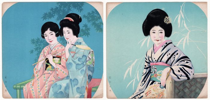 Three Beauties Wearing Kimono 着物 - Uchiwa-e 団扇絵 Fan Prints - Prewar 戦前 (Early Showa 昭和) - Unknown Artist 絵師不詳 - Giappone