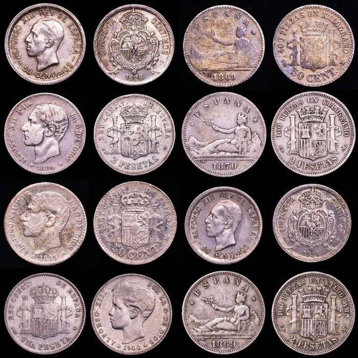 Spanien. Conjunto de ocho (8) monedas de plata de España El lote Incluye: 8 monedas de plata con un peso de 45 gramos: (50 centimos, 1 peseta y 2 pesetas)