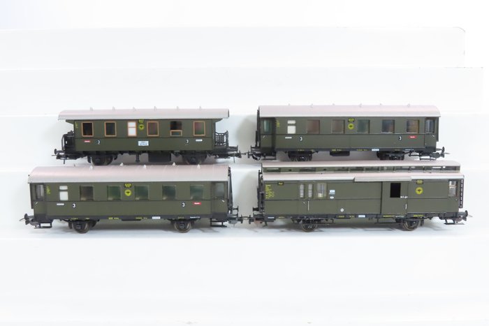 Sachsenmodelle H0 - 14007 - 模型客運火車套裝 (1) - 4件組2軸客車三等車廂，含郵政車廂 - DR (DRB)