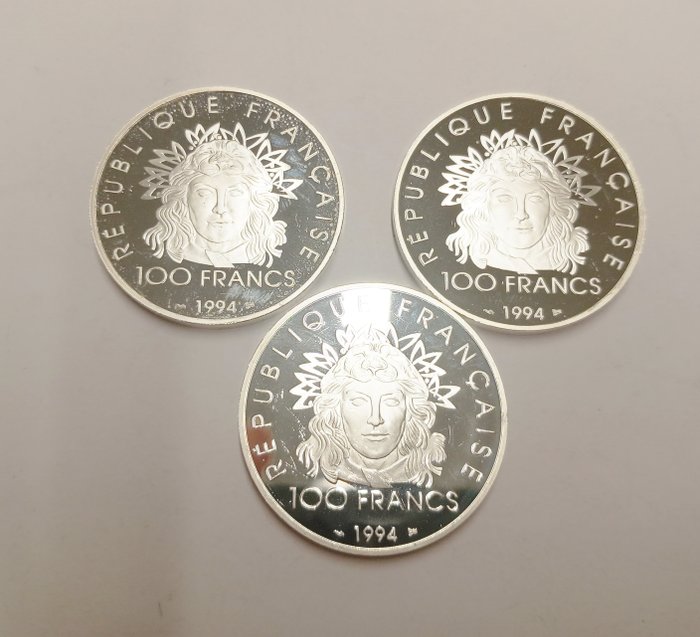 Frankrig. 3  Silbermünzen 100 Franc, Olympiade 1994