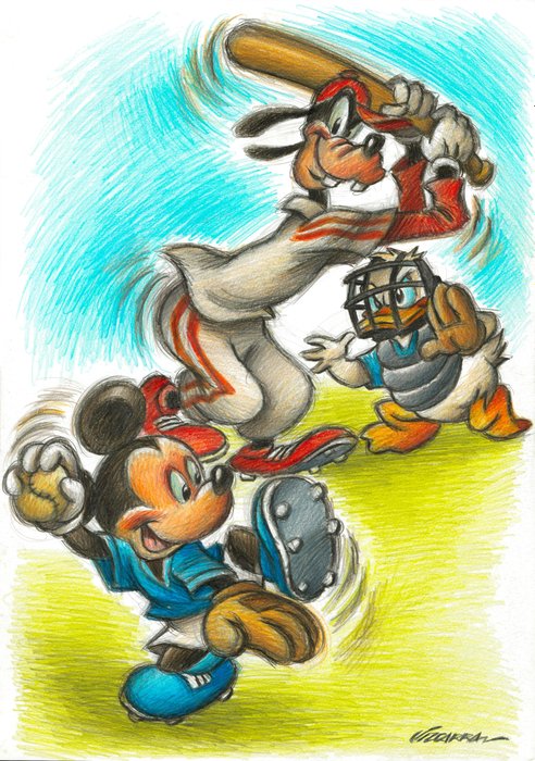 Joan Vizcarra - Mickey Mouse, Donald Duck and Goofy - Baseball Players - 46 x 32 cm - Original Drawing