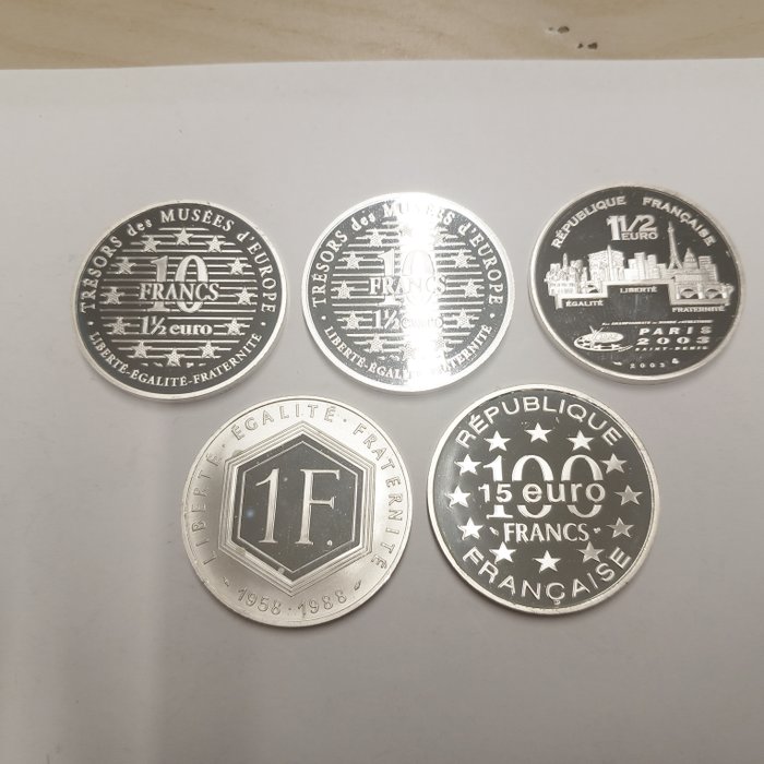 France. 5  Silbermünzen , 1988-2003