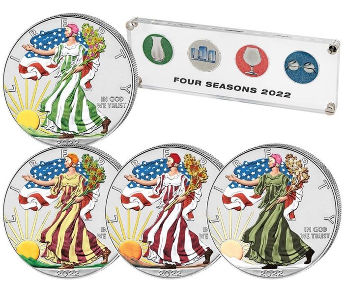 美国. A Collection of 4x 2022 Colorized American 1 oz Silver Eagles - "Year of Glass" Edition