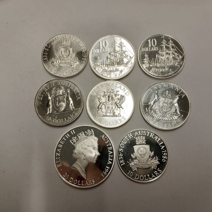 Austrália. 8 Silbermünzen: 1 x 20 Dollar, 7 x 10 Dollar 1986 -1993