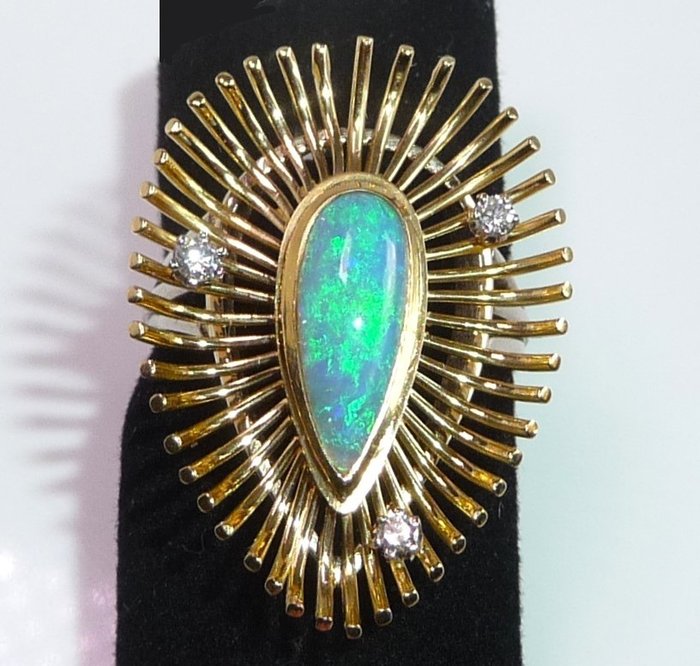 Handcrafted Australischer Voll-Opal - 戒指 - 18 克拉 黃金 鉆石  (天然) 