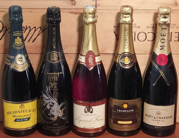 , Heidsieck, Mercier, Legrand, Veuve Deharbe & Moet et Chandon - Champagne Brut - 5 Flasker (0,75 L)