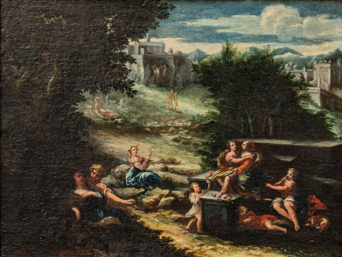 Scuola emiliana (XVII) - Paesaggio agreste con scena galante