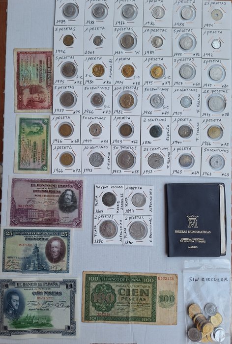 西班牙. Lote de 65 monedas + 6 billetes + 1 cartera 1865/2001  (没有保留价)