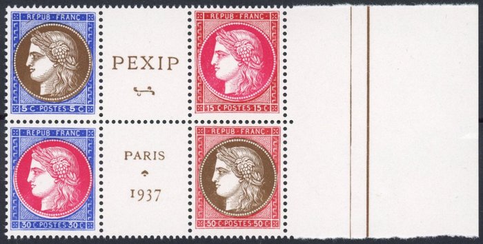 Γαλλία 1937 - PEXIP - Η καρδιά του μπλοκ - Ταχυδρομική φρεσκάδα - Εξαιρετικό - Βαθμολογία: €450 - Yvert 348/51**