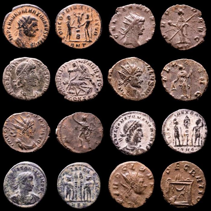 Empire romain. Lot comprising eight (8) AE coins:  Antoninianus, Follis, Maiorinas. Antoninianus, Follis, Maiorinas. Maximianus, Gallienus, Quintillus, Constantius II (3), Claudius II & Victorinus