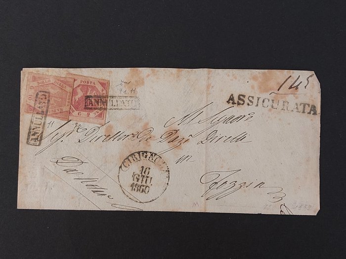 Italian Ancient States - Naples 1858 - Insured by Cirignola in Naples 16 June 1860, franked with the 2nd grana carmine and with the 10th - Sassone A.S.I. - Regno di Napoli n. 7d e n. 11