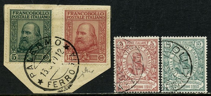 義大利王國 1910 - 加里波第，全套 4 枚郵票，附原蓋蓋銷。專家 - Sassone N. 87/90