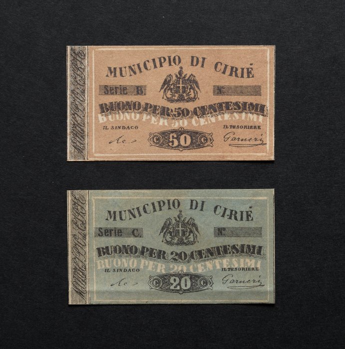 Italie. - 20 + 50 centesimi di Lire (1871) Buono Municipio di Ciriè  (Sans Prix de Réserve)