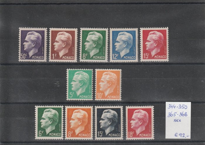 Monaco 1950/1951 - Prințul Rainier al III-lea - Yvert 344-350, 365-368 (10 series)