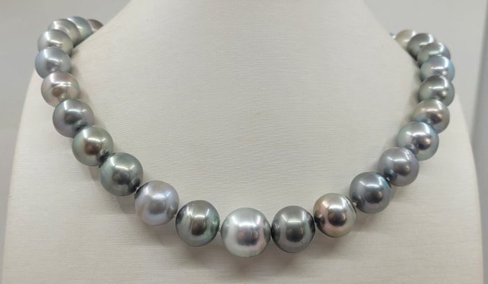 Collier - Perles de Tahiti multicolores brillantes - Taille énorme - 11x14,2 mm 