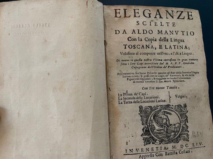 Aldo Manutio Sig. Lorenzo Vaseo - Lingua Toscana e Latina - 1654
