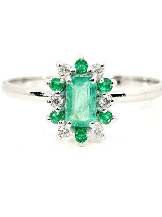 Zonder Minimumprijs - No Reserve Price Ring - Witgoud Octagon Smaragd - Diamant 