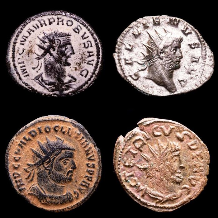 Roman Empire. Gallienus, Probus, Diocletian, Tetricus (Barbarous).. Lot comprising four (4) antoninianus