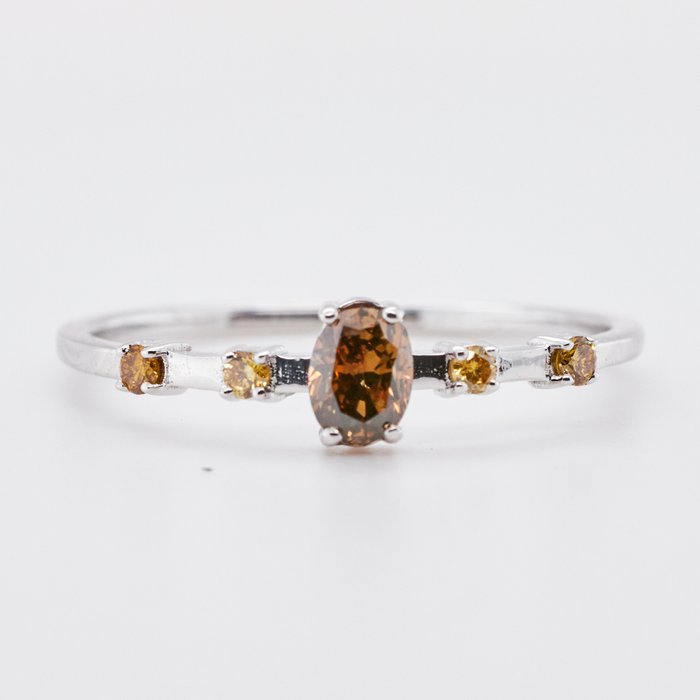 No Reserve Price - 0.34 tcw - Fancy Deep Yellowish Brown - 14 ct. Aur alb - Inel Diamant