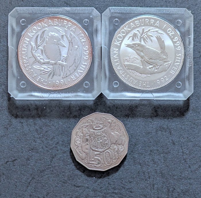 澳大利亚. 50 Pence / 1 Dollar / 5 Dollars 1974/1992 (3 coins)