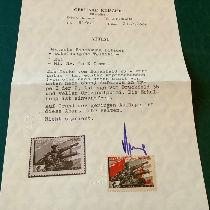 Det tyske keiserrike 1941 - Telsiai: 1 R rød hær med trykk opp-ned - fotosertifikat Krischke BPP - 20 eksemplarer - Michel 10 KI