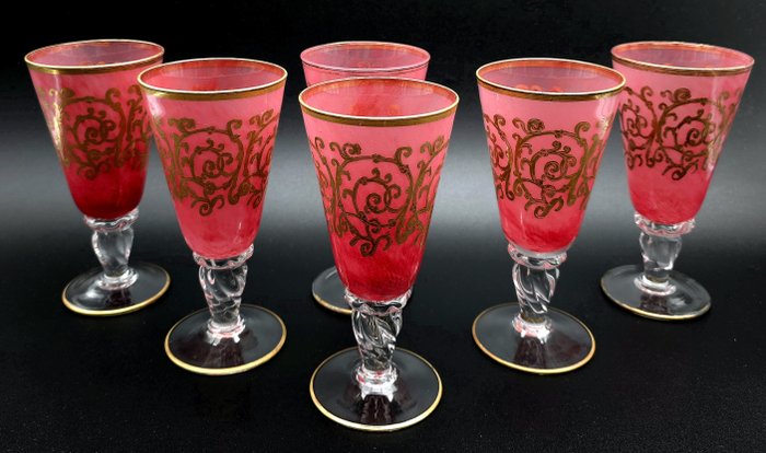 Antica cristalleria italiana - Servizio di bicchieri (6) - Lussuosi calici in rosso e oro puro - .999 (24 kt) oro, Cristallo