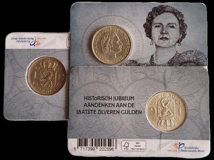 Nederland. Juliana (1948-1980). 'Historisch jubileum aandenken aan de laatste zilveren gulden', 3 KNM coincards met zilveren guldens (1955, 1956 en 1957)  (Zonder Minimumprijs)