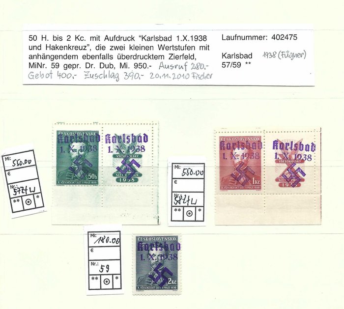 Γερμανία - Τοπικά ταχυδρομεία 1938 - Sudetenland 1938 - Karlsbad με πιστοποιητικά - Mi.-Nr.: 57 Zf w, 58 Zf w, 59