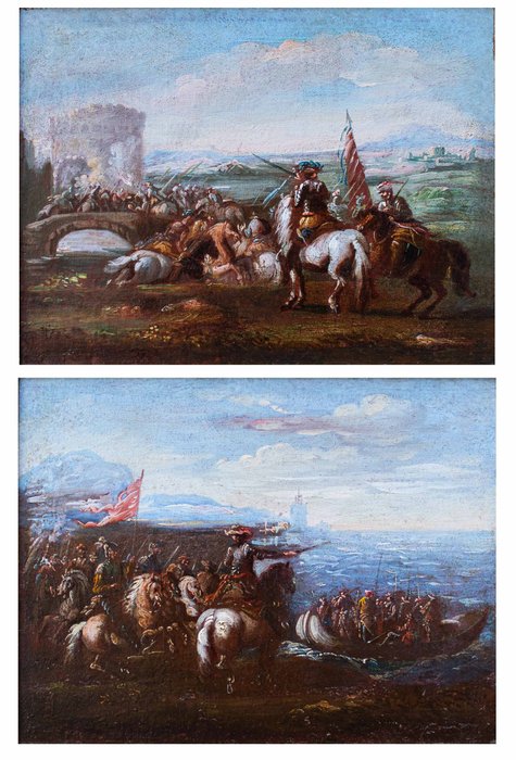 Pietro Graziani (attivo tra la fine del XVII secolo e gli inizi del XVIII) - Due scene di battaglie
