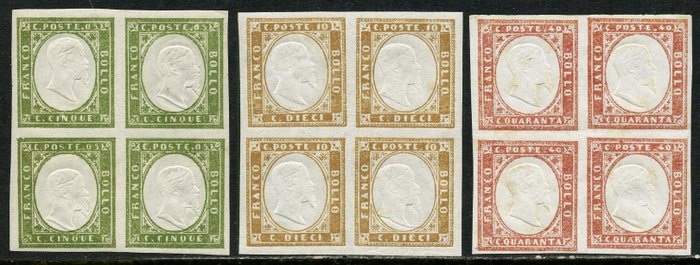 Antichi Stati italiani - Sardegna 1863 - 3 valori in quartine integre e molto fresche. Ampi margini