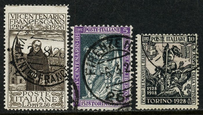 Itália 1926 - São Francisco e Filiberto, 3 valores altos com cancelamento original. Especialistas