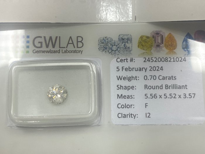 1 pcs 钻石 - 0.70 ct - 圆形 - F - I2 内含二级, NO RESERVE PRICE