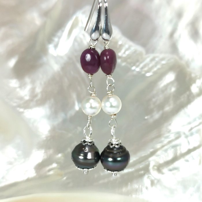 No Reserve Price - Beautiful japanese Akoya & Tahiti pearls with rubies Earrings - Silver Pearl - Ruby 