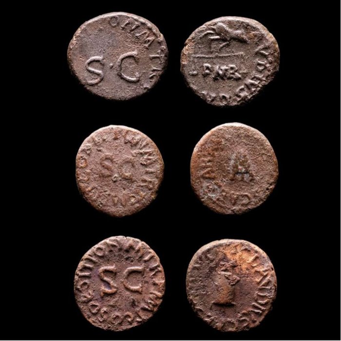 Romerska riket. Lot comprising eight (3) Imperial coins. Quadrans Claudius I. Modius & Scales