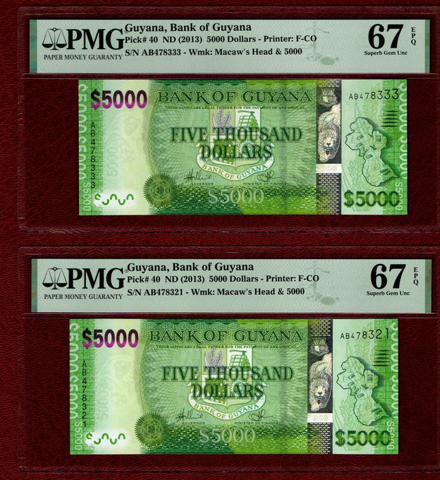 Gujana. - 2 x  5000 Dollars ND (2013) - Pick 40  (Bez ceny minimalnej
)