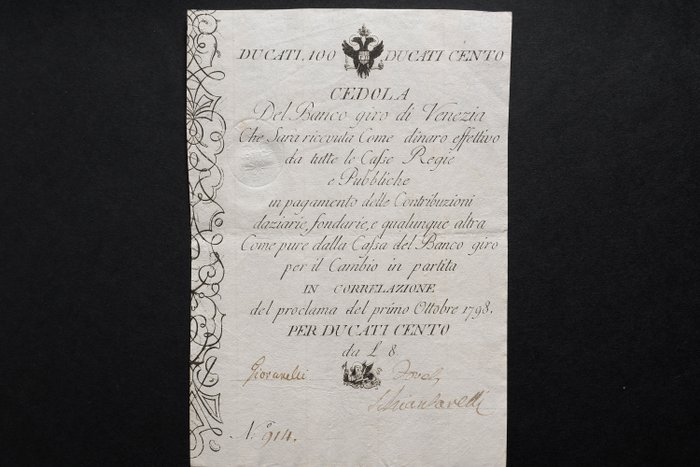 Italia. - 100 Ducati 1798 Regno Lombardo Veneto - Banco Giro di Venezia  (Senza Prezzo di Riserva)