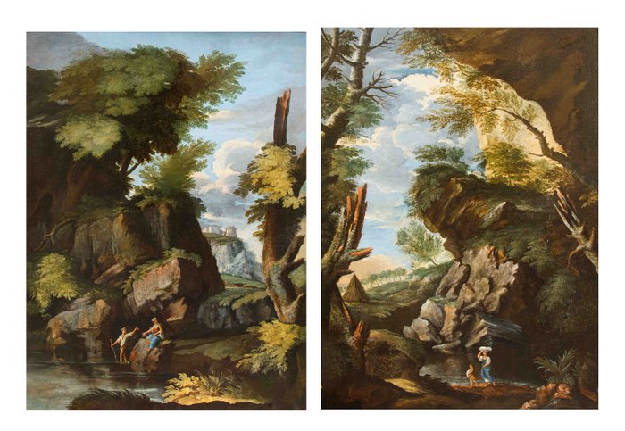 Scuola romana (XVII) - Coppia di paesaggi con figure