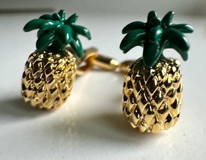 Ohne Mindestpreis - Manschettenknöpfe Ananas-Manschettenknöpfe aus Emaille und gerolltem 9-karätigem Gold 