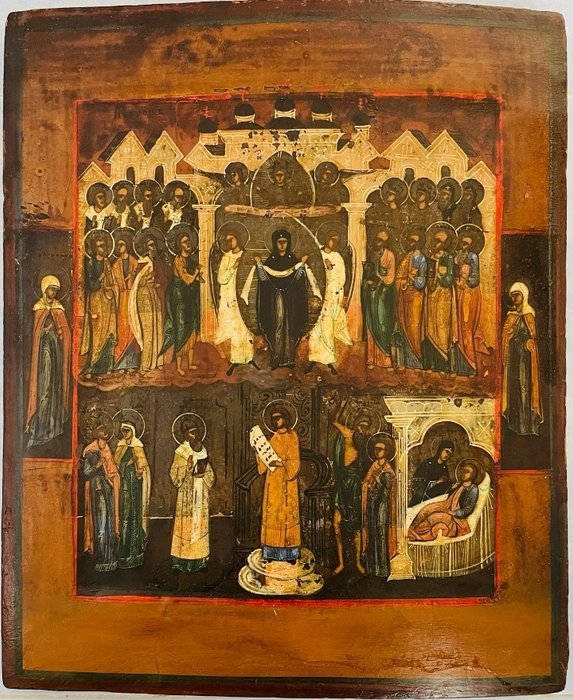Ikona - Starożytna ikona „Narodzenia Najświętszej Marii Panny” z XIX wieku - Drewno, Hartować