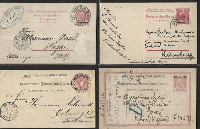 Turkiet 1890/1909 - Fyra poststationer av österrikiska Levanten PS skickade från Smyrna eller Konstantinopel