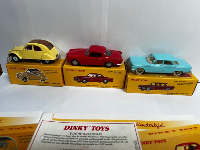 Dinky Toys 1:43 - 3 - Modellauto - Citroen 2 CV, Alfa Romeo 1900 Super Sprint, Chevrolet Corvair