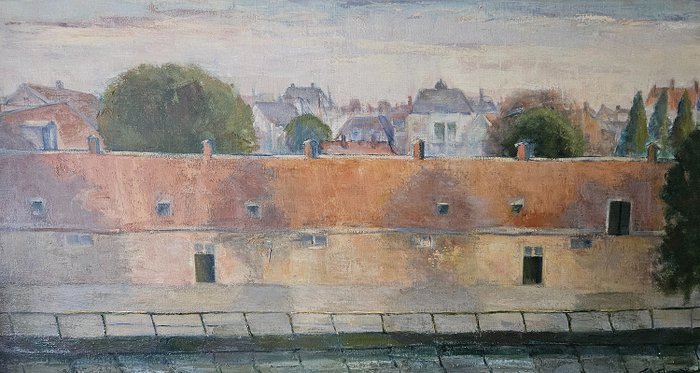 M.L.M."Tilly" Terwindt (1890-198!) - Schitterend zomers stadsgezicht met stadsmuur langs het water, kerken, gebouwen en ee