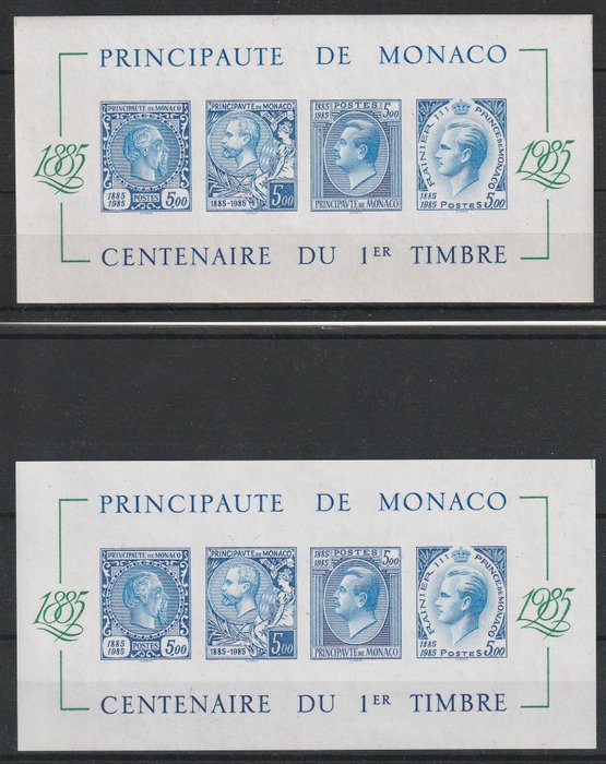 Monaco 1985 - Bloc émission 100 ans de timbres de Monaco. Non dentelé en 2 variantes. - Blok 33A (2 variaties)