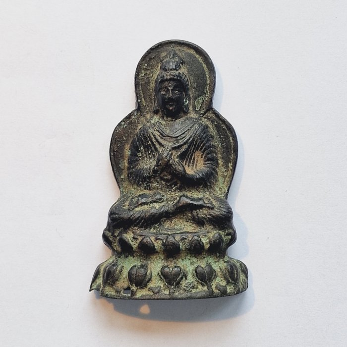 Gandhara Bronz Buddha așezat pe Statuia votivă de călătorie Lotus - 100 mm
