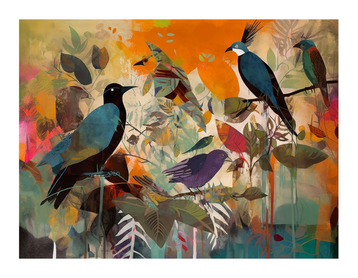 Favialis Dias (XXI) - Jardin con aves. Giclée XXL. 140 x 105 cm