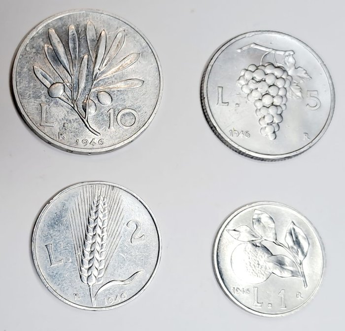 意大利， 意大利共和国. Serie da 1, 2, 5 e 10 Lire 1946 (4 monete)