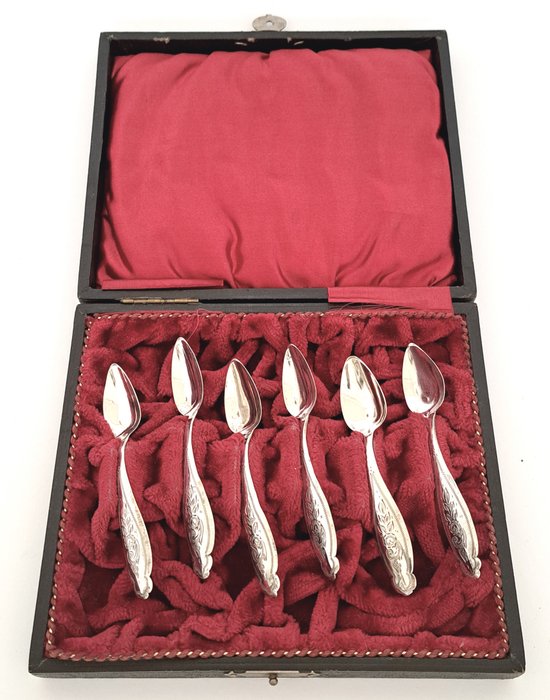 Pieter Suur - 勺子 (6) - 古董银摩卡/浓咖啡勺，原装盒，约 1865 年 - .833 银