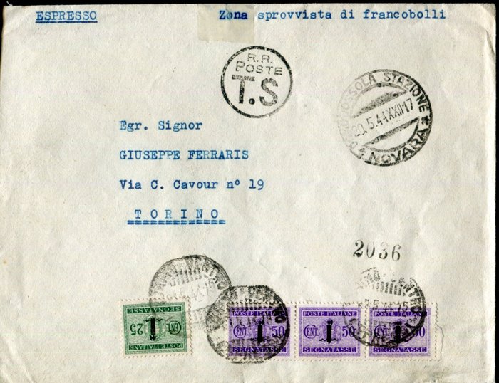 República Social Italiana 1944 - Postagem fiscal “Fascetto” de uso próprio. - Sassone Tasse 63, 66.