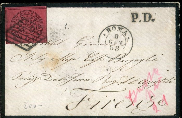 意大利古城邦-教皇国 1867 - 第二期 20 美分哀悼信封。 - Sassone 18