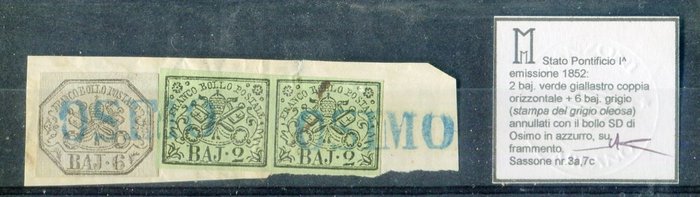 Italienische antike Staaten - Kirchenstaat 1852/1854 - Päpstliches 2. und 6. Baj (ölige Tinte) auf einem Fragment aus Osimo. - Sassone 3a, 7c.